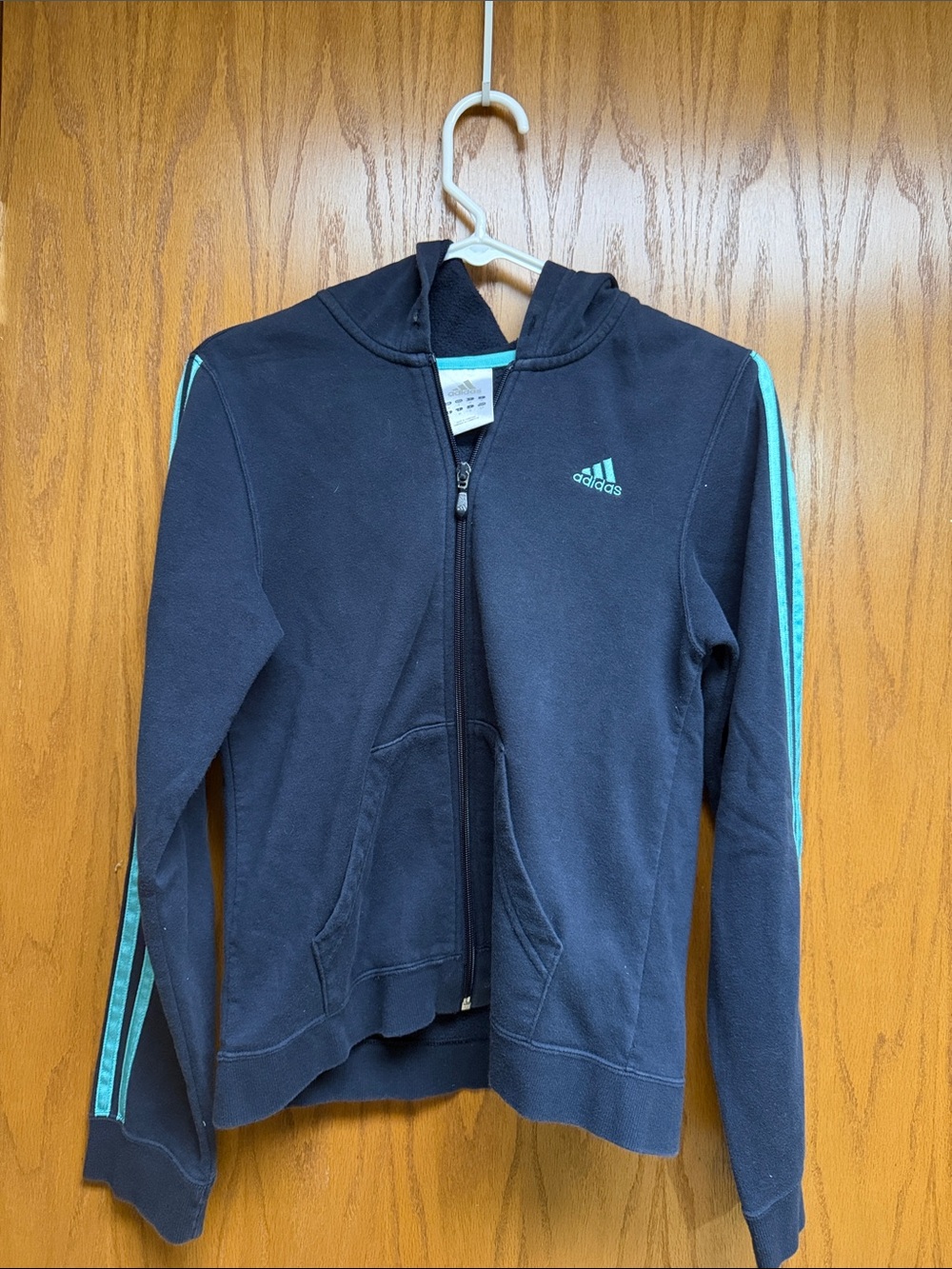 adidas Navy Zip Hoodie with Teal Stripe Accents